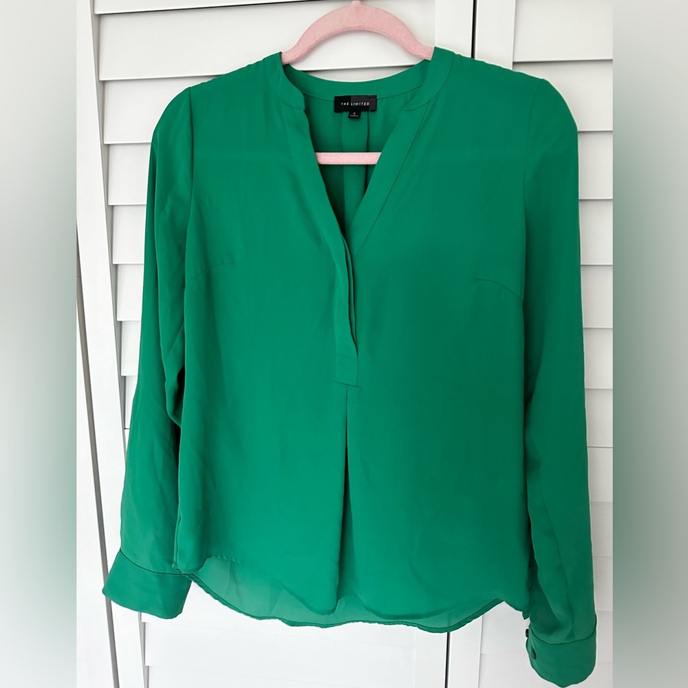 The Limited Shirt Blouse Small Petite Pattern Button Sleeves Green Top